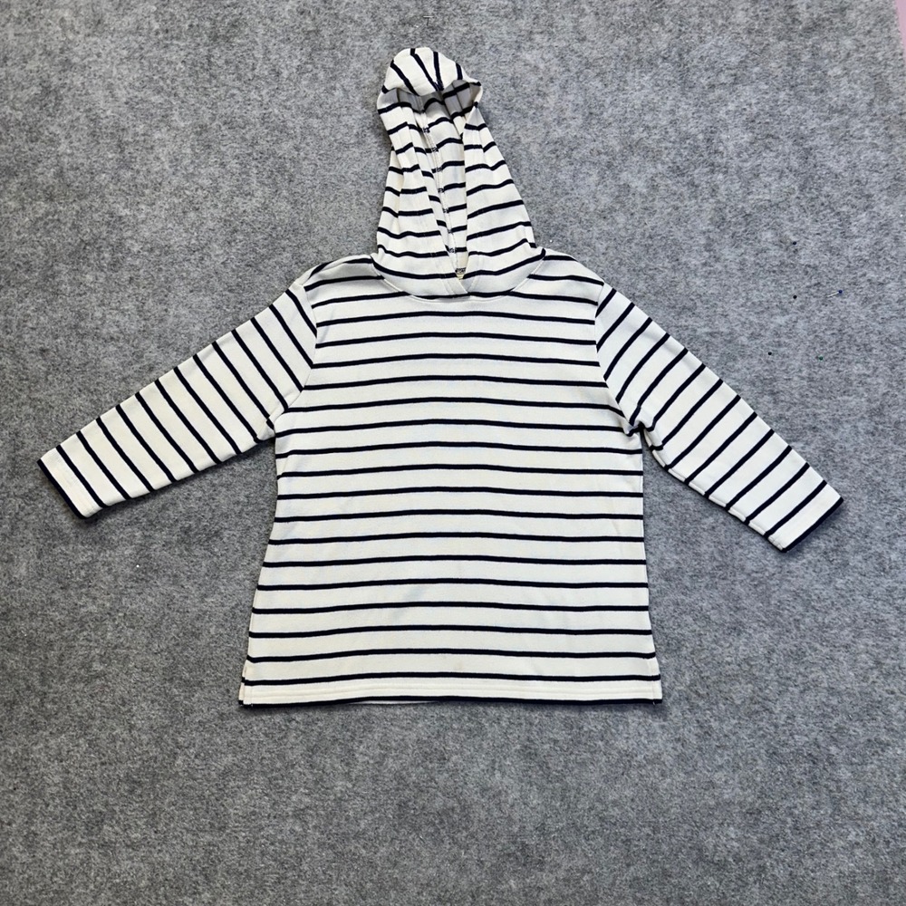 LL Bean Striped Hoodie Women Small Cream Navy Blue 3/4 Sleeve Cotton Nautical